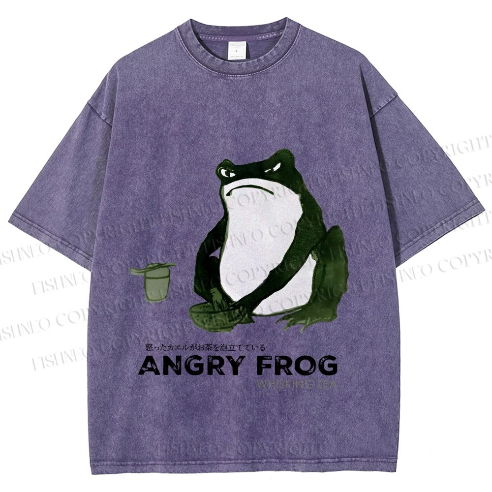 Unisex Japanese Angry Frog Printed Washed Tee