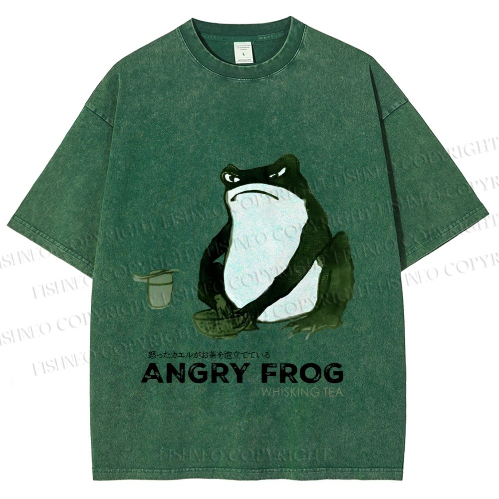 Unisex Japanese Angry Frog Printed Washed Tee