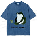 Unisex Japanese Angry Frog Printed Washed Tee