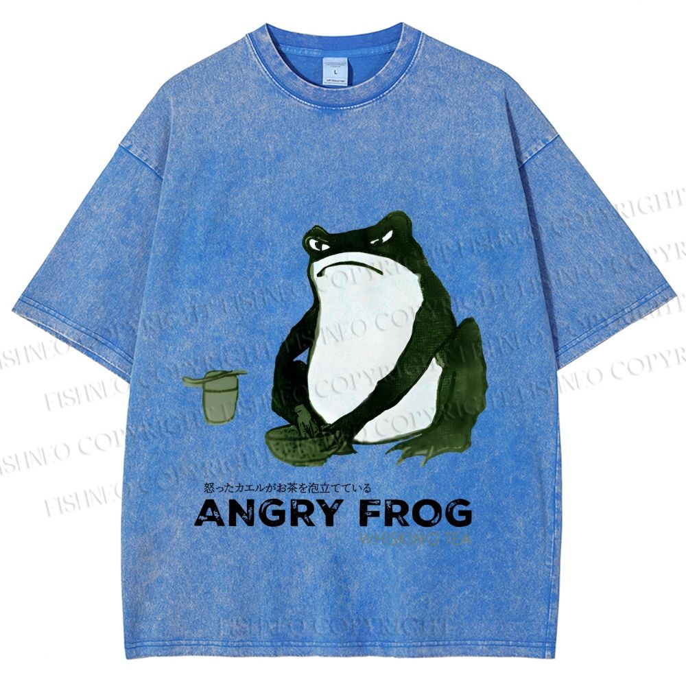 Unisex Japanese Angry Frog Printed Washed Tee