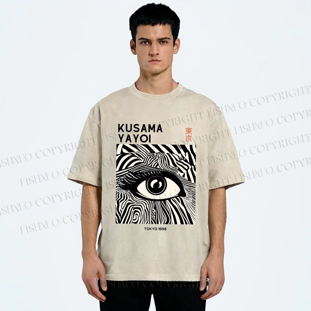 Unisex Yayoi Kusama Art Geometric Eyes Printed Washed Tee