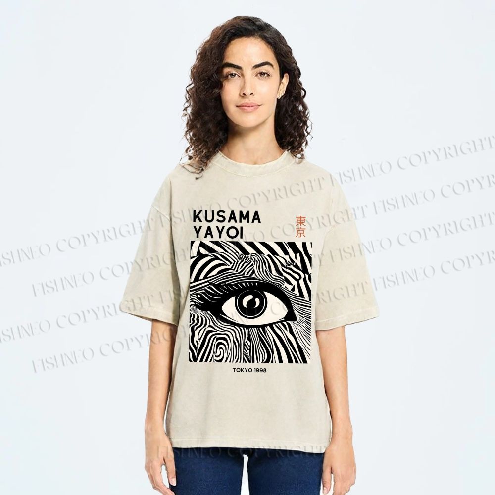 Unisex Yayoi Kusama Art Geometric Eyes Printed Washed Tee