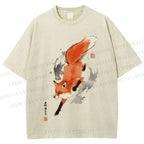 Unisex Japanese Vintage Fox Printed Washed Tee