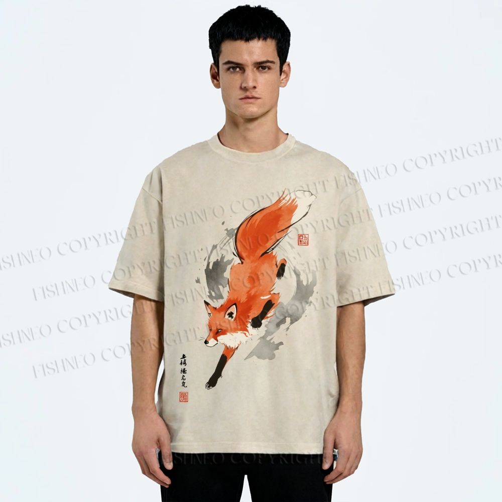 Unisex Japanese Vintage Fox Printed Washed Tee