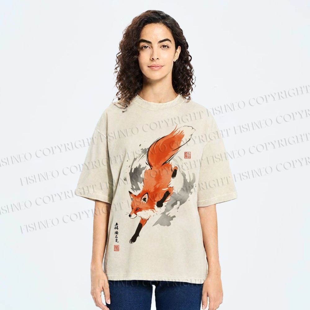 Unisex Japanese Vintage Fox Printed Washed Tee