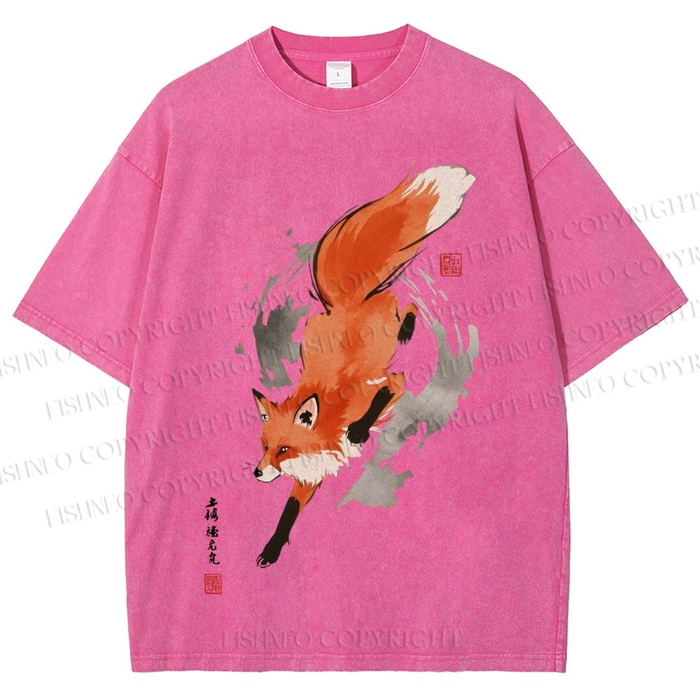 Unisex Japanese Vintage Fox Printed Washed Tee
