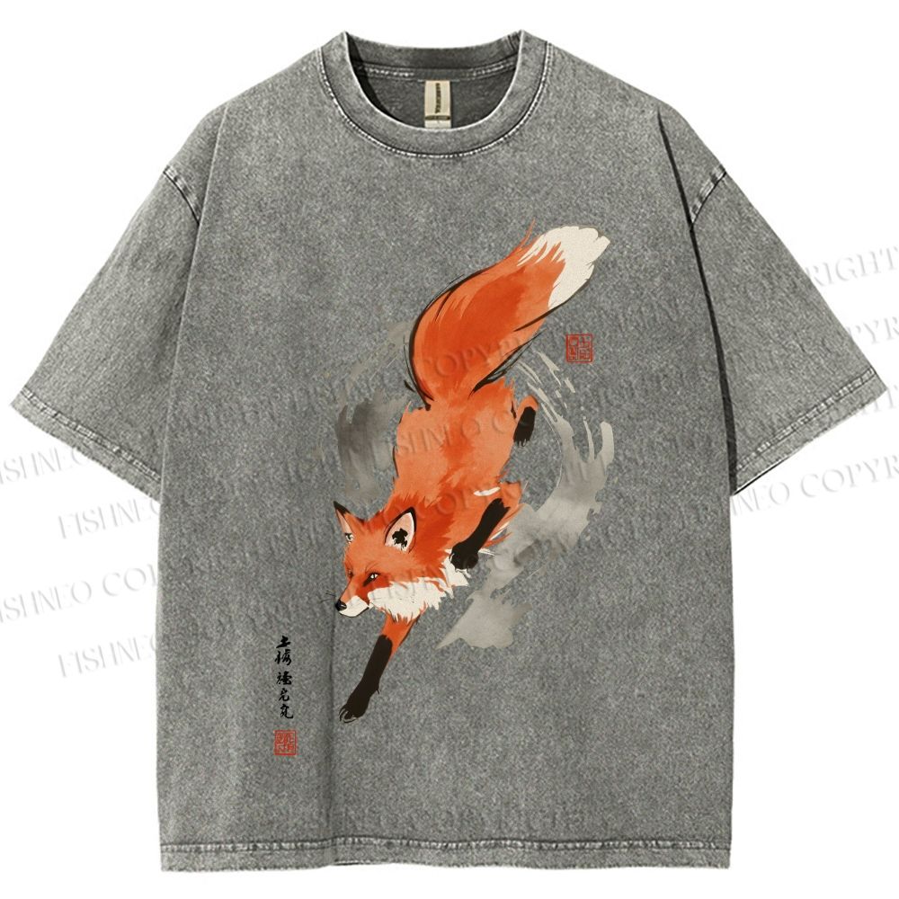 Unisex Japanese Vintage Fox Printed Washed Tee