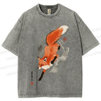Unisex Japanese Vintage Fox Printed Washed Tee