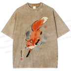 Unisex Japanese Vintage Fox Printed Washed Tee