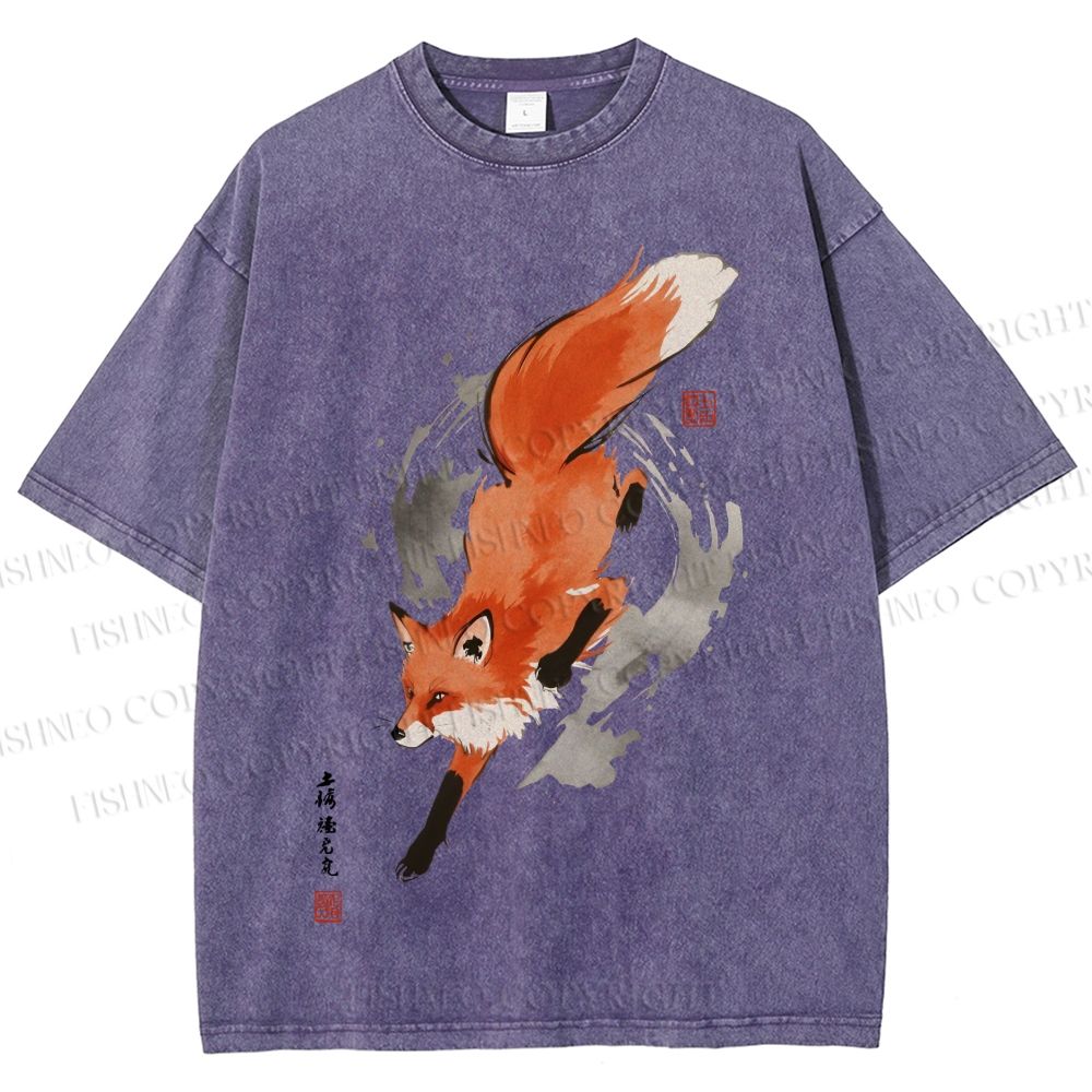 Unisex Japanese Vintage Fox Printed Washed Tee
