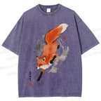 Unisex Japanese Vintage Fox Printed Washed Tee