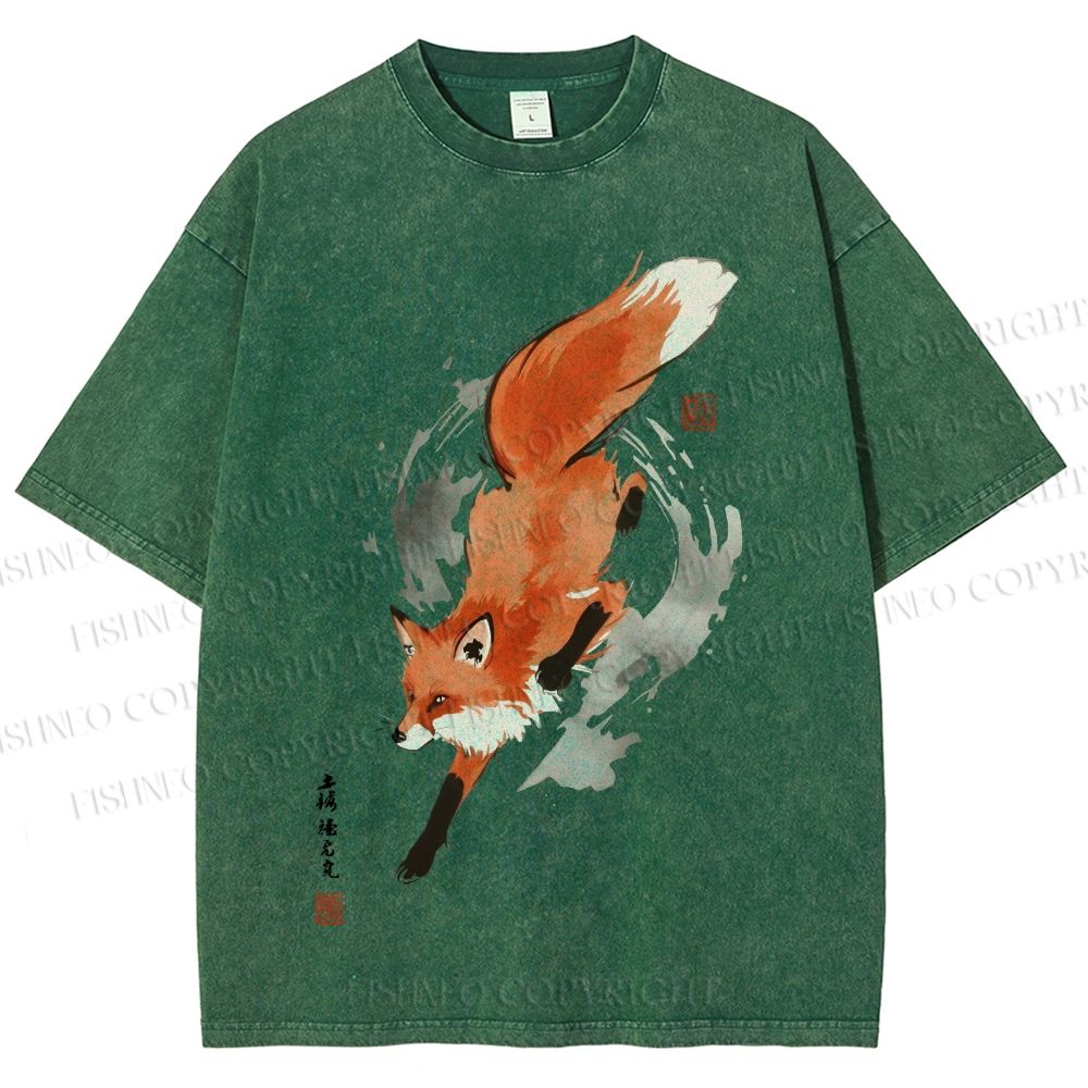 Unisex Japanese Vintage Fox Printed Washed Tee