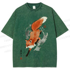 Unisex Japanese Vintage Fox Printed Washed Tee