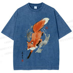 Unisex Japanese Vintage Fox Printed Washed Tee