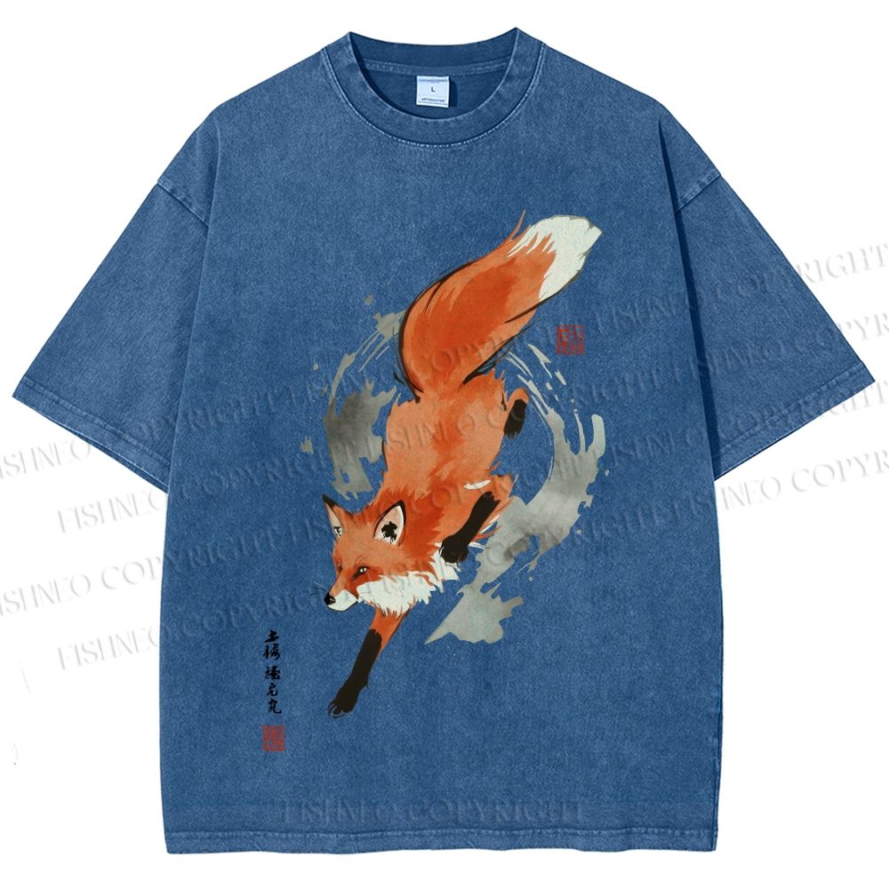 Unisex Japanese Vintage Fox Printed Washed Tee