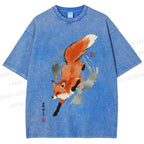 Unisex Japanese Vintage Fox Printed Washed Tee