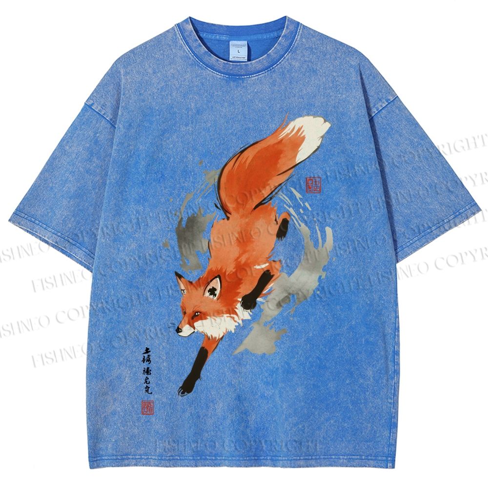 Unisex Japanese Vintage Fox Printed Washed Tee