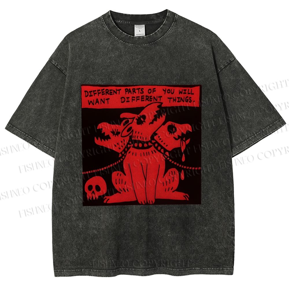 Unisex Three Heads Wolf Printed Washed Tee
