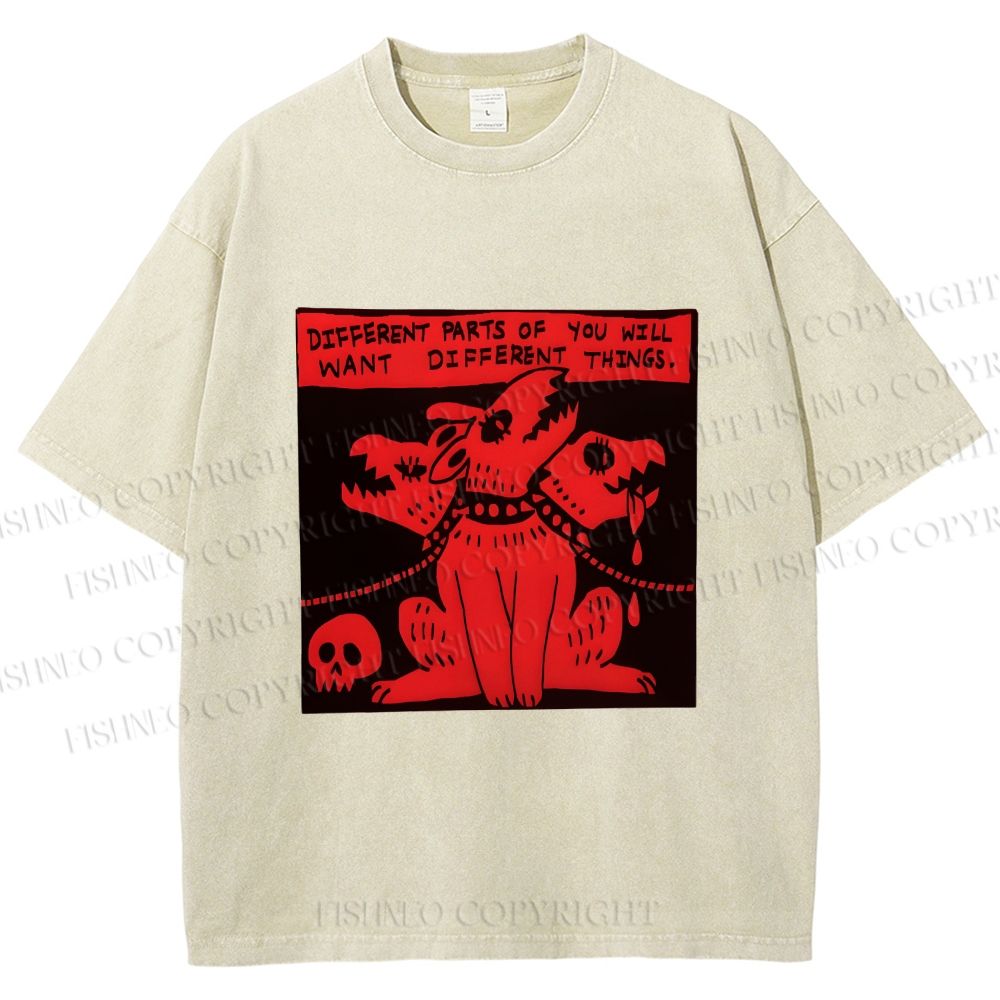 Unisex Three Heads Wolf Printed Washed Tee