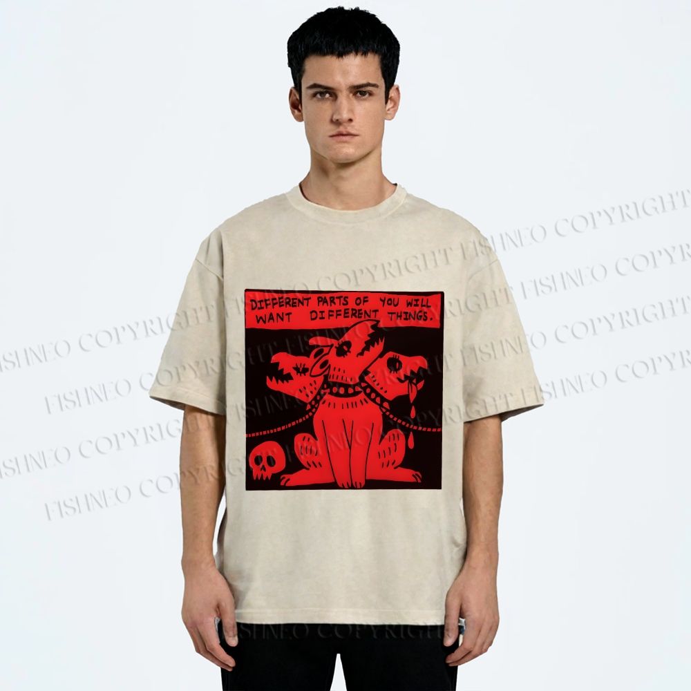 Unisex Three Heads Wolf Printed Washed Tee