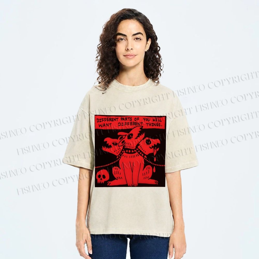 Unisex Three Heads Wolf Printed Washed Tee