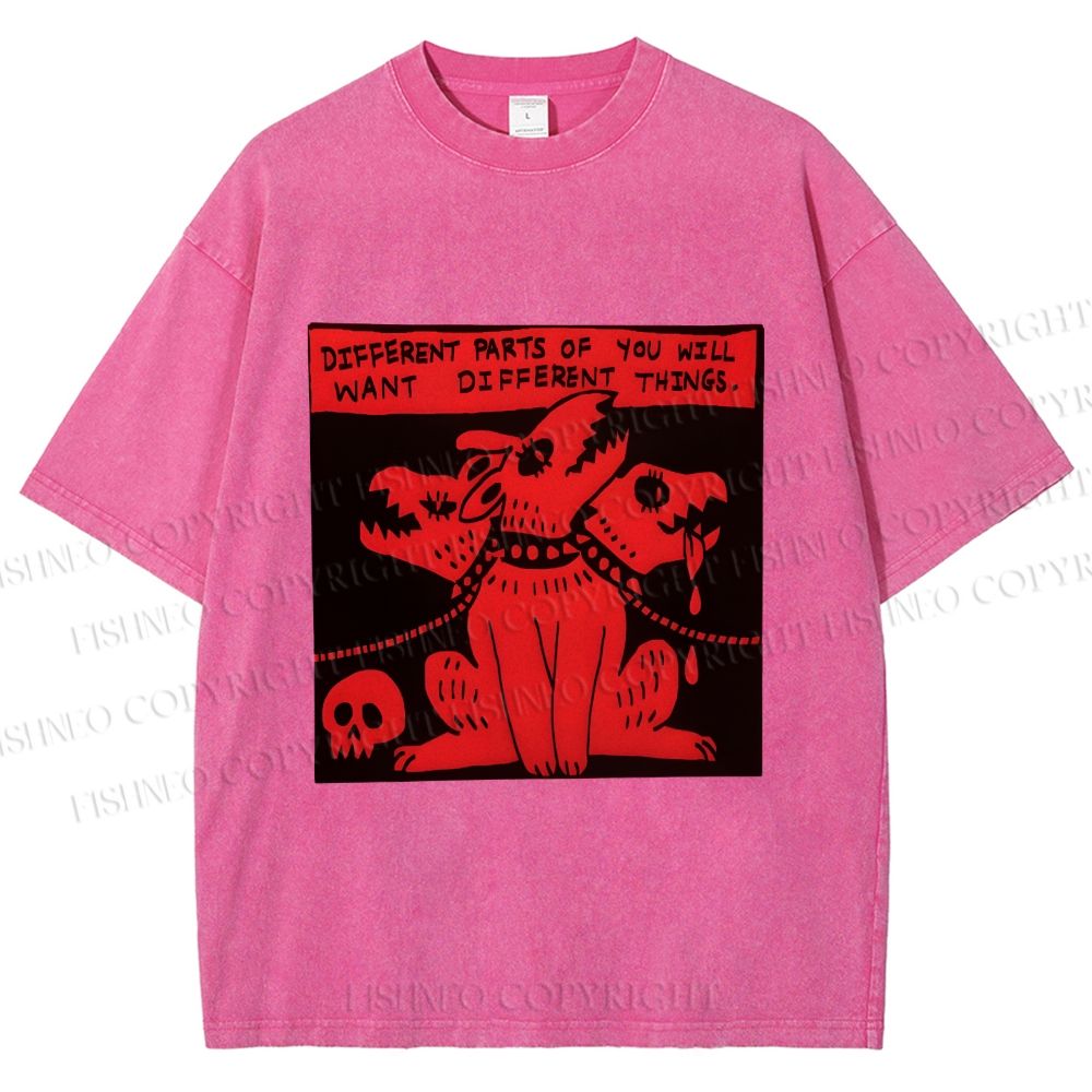 Unisex Three Heads Wolf Printed Washed Tee