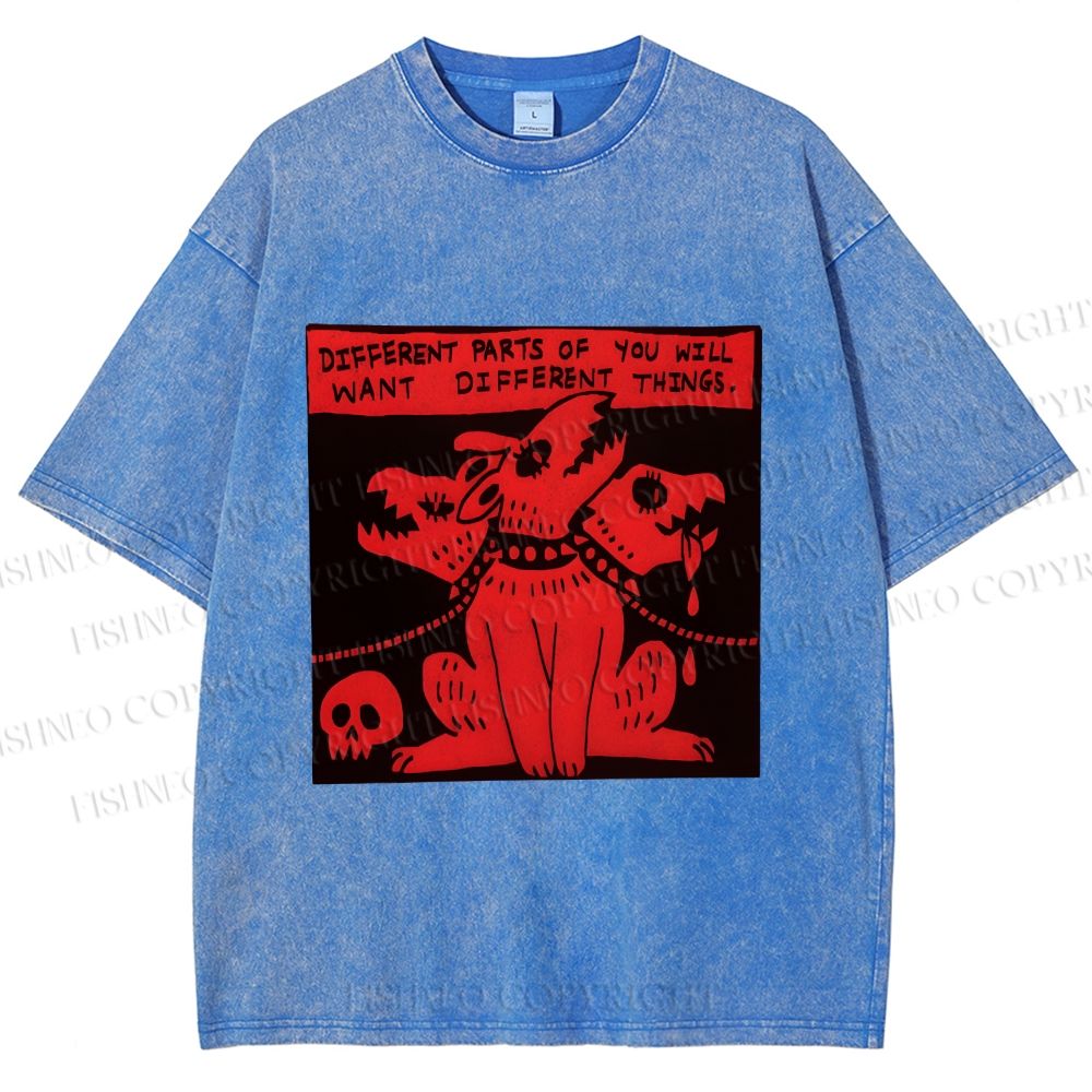 Unisex Three Heads Wolf Printed Washed Tee