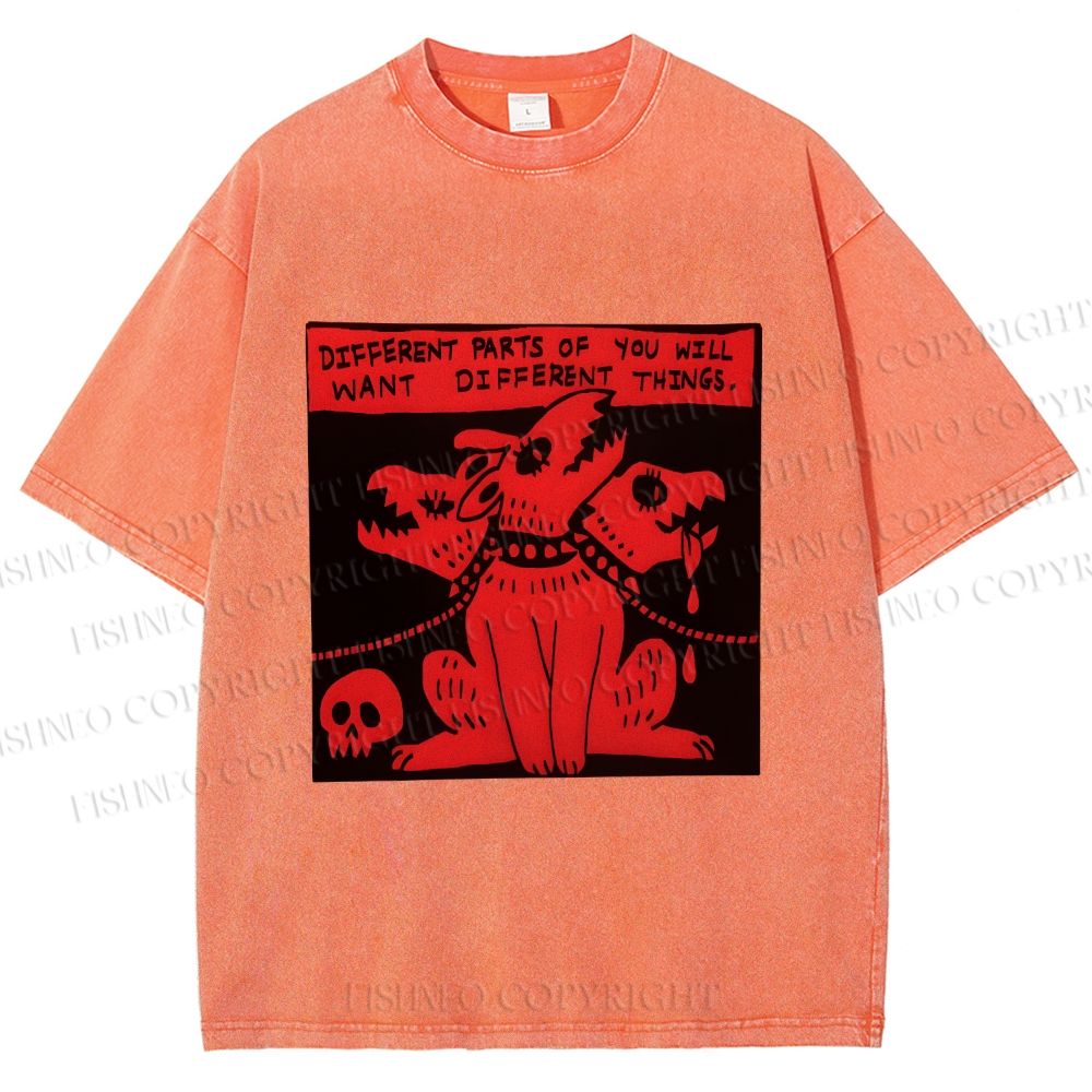 Unisex Three Heads Wolf Printed Washed Tee