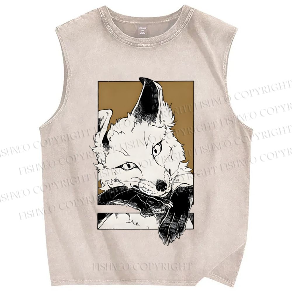 Unisex Fox Printed Washed Tank Top