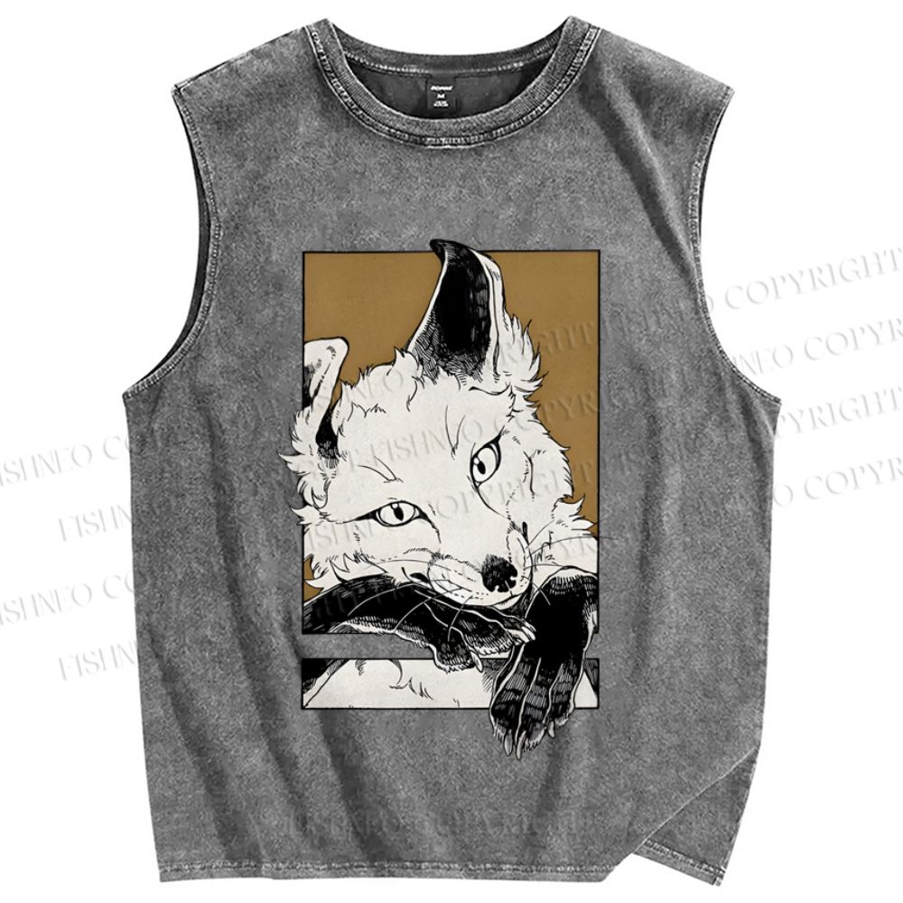 Unisex Fox Printed Washed Tank Top