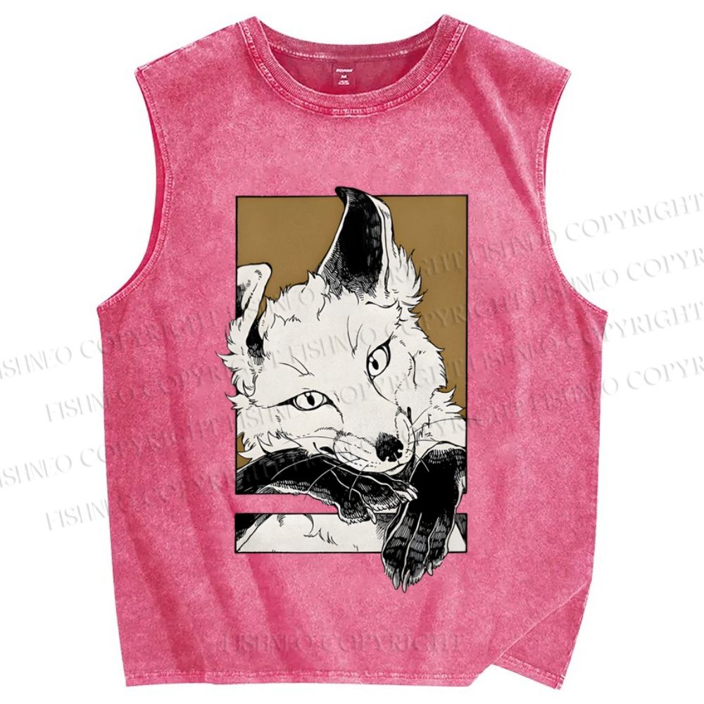 Unisex Fox Printed Washed Tank Top