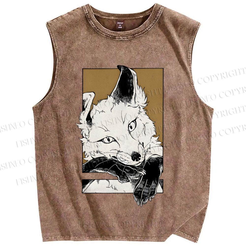 Unisex Fox Printed Washed Tank Top