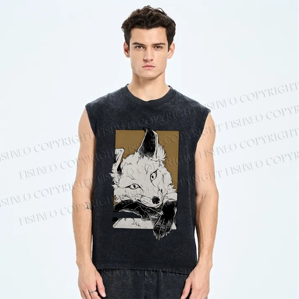 Unisex Fox Printed Washed Tank Top