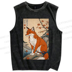 Unisex Japanese Vintage Fox Printed Washed Tank Top