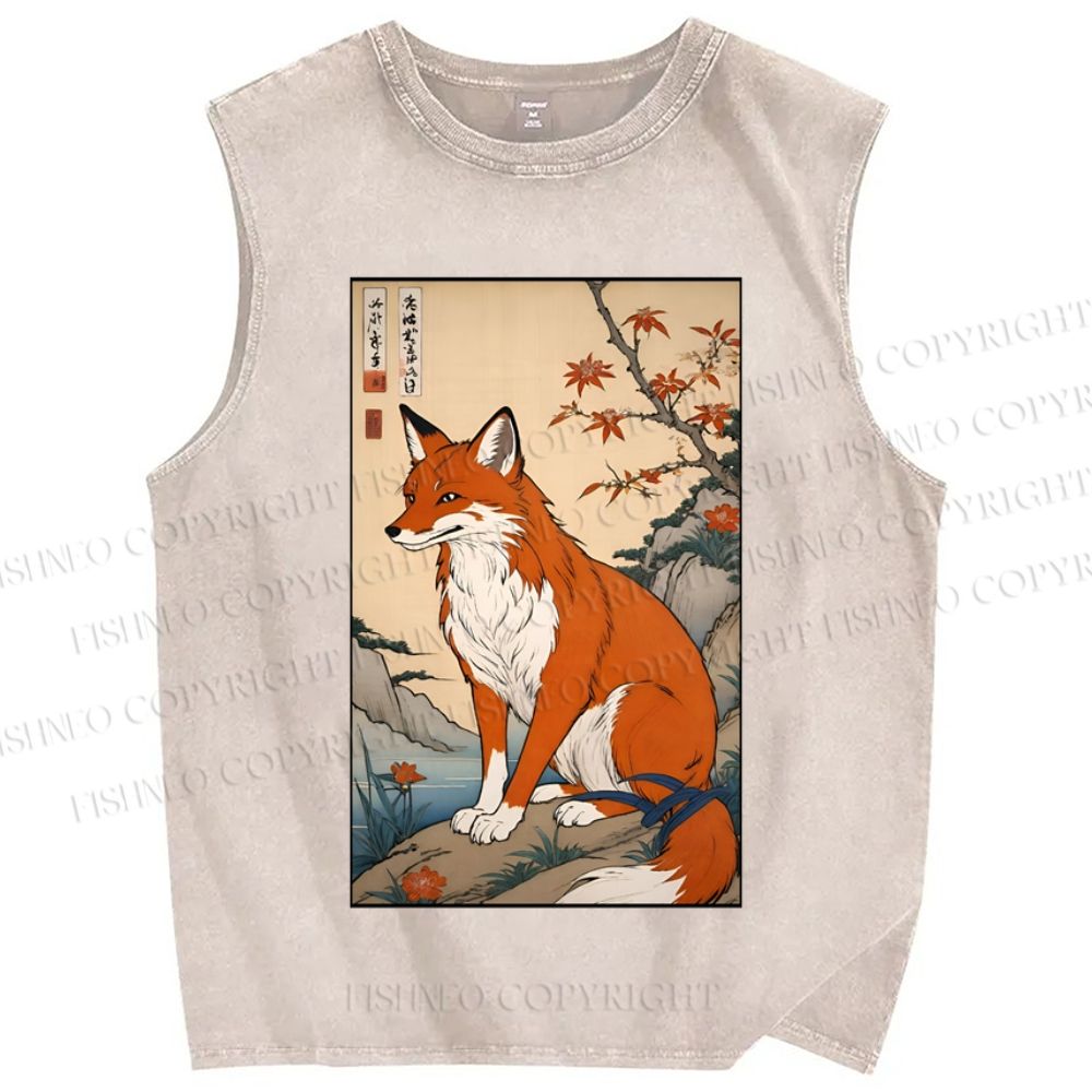 Unisex Japanese Vintage Fox Printed Washed Tank Top
