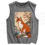 Unisex Japanese Vintage Fox Printed Washed Tank Top