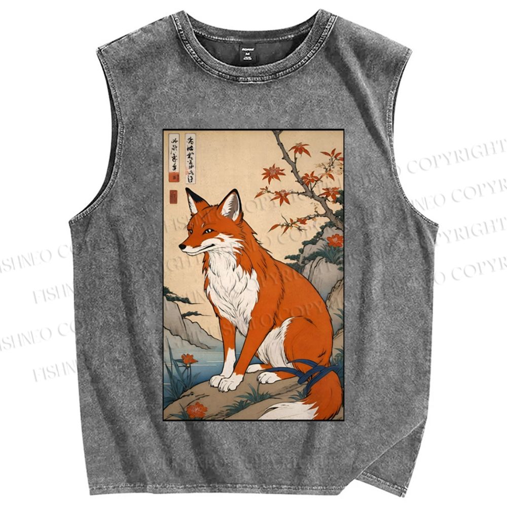 Unisex Japanese Vintage Fox Printed Washed Tank Top