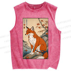 Unisex Japanese Vintage Fox Printed Washed Tank Top