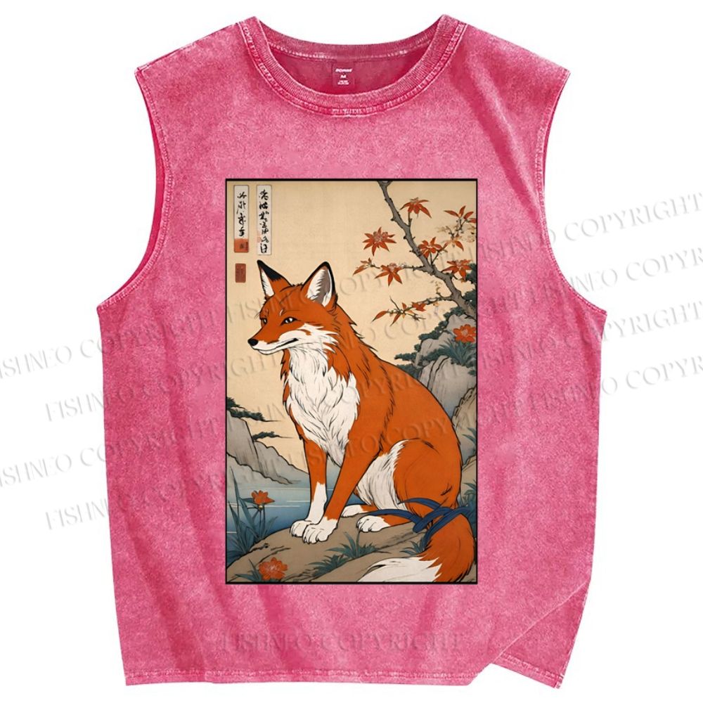 Unisex Japanese Vintage Fox Printed Washed Tank Top