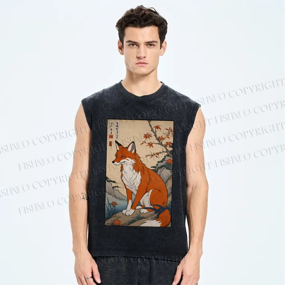 Unisex Japanese Vintage Fox Printed Washed Tank Top