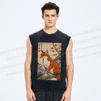 Unisex Japanese Vintage Fox Printed Washed Tank Top