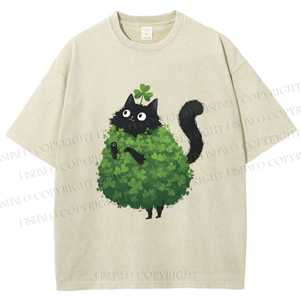 Unisex Four-Leaf Clover Cat Printed Washed Tee