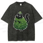 Unisex Four-Leaf Clover Cat Printed Washed Tee
