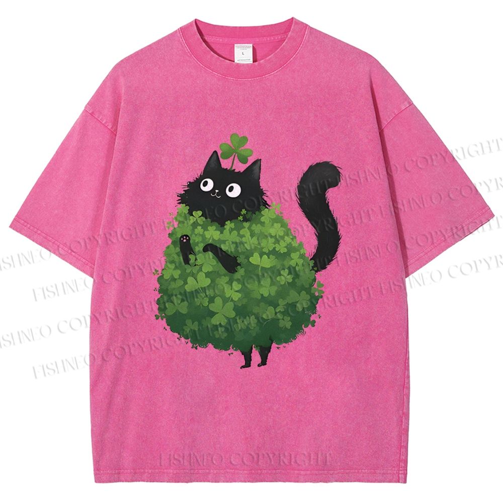 Unisex Four-Leaf Clover Cat Printed Washed Tee