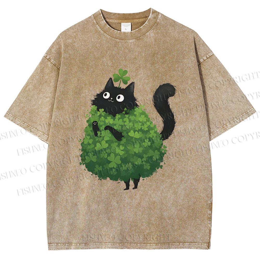 Unisex Four-Leaf Clover Cat Printed Washed Tee