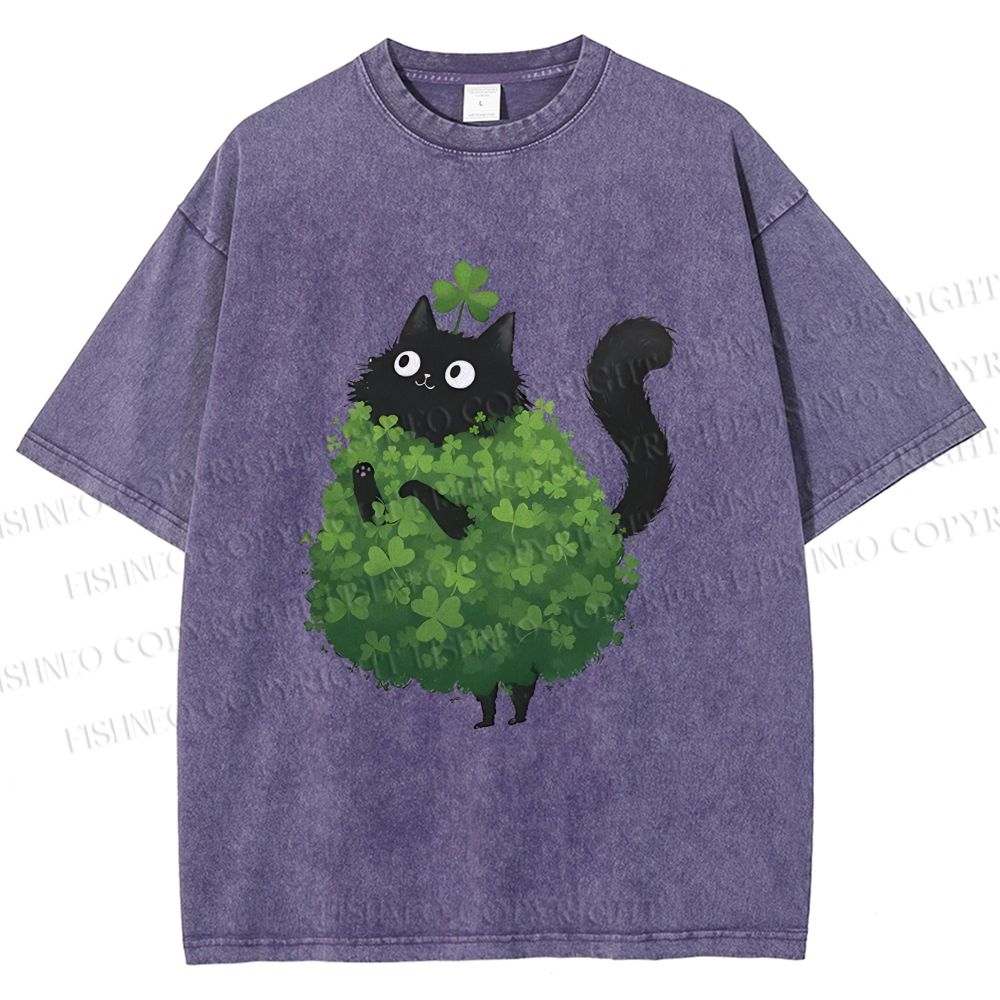 Unisex Four-Leaf Clover Cat Printed Washed Tee