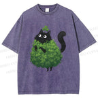 Unisex Four-Leaf Clover Cat Printed Washed Tee