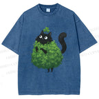Unisex Four-Leaf Clover Cat Printed Washed Tee
