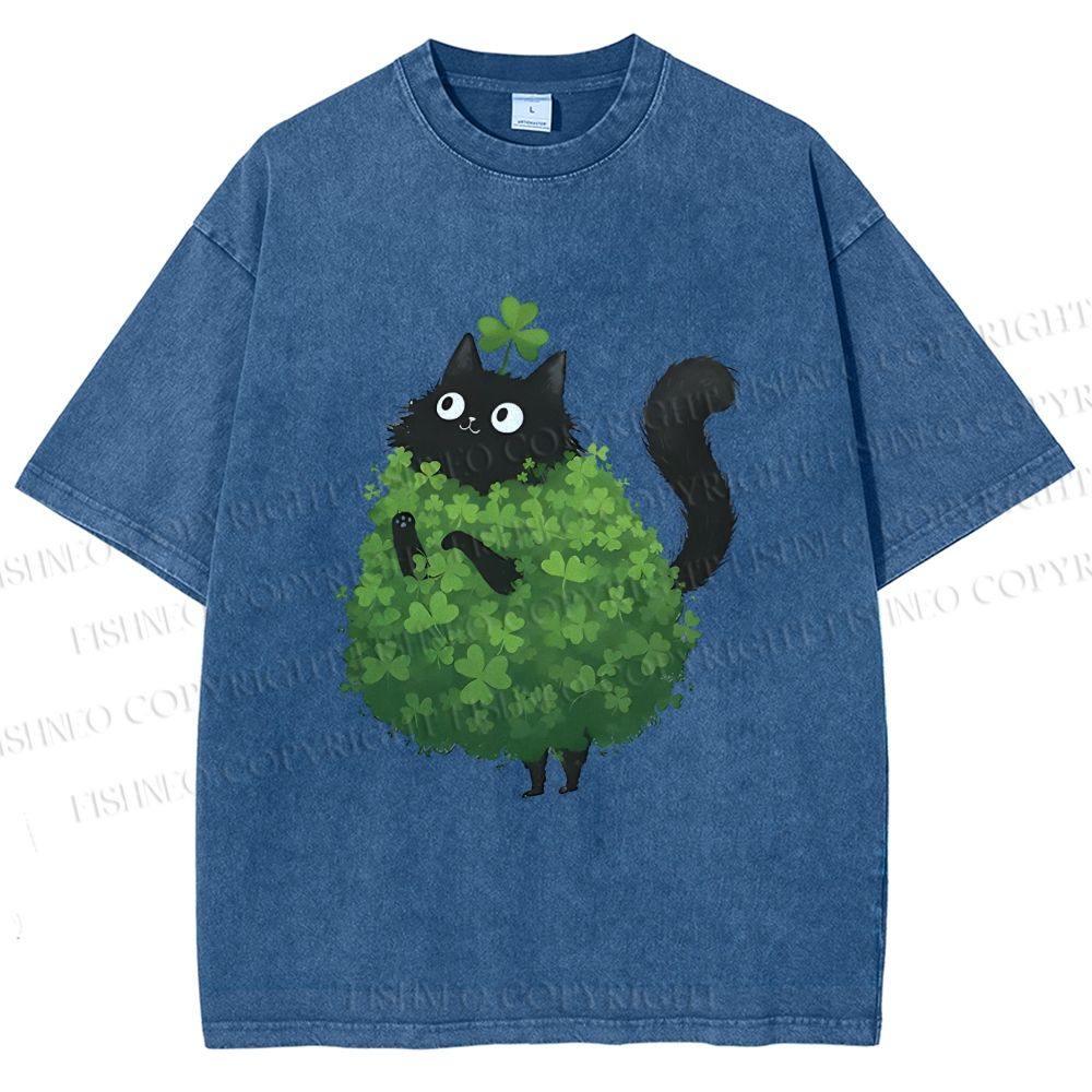 Unisex Four-Leaf Clover Cat Printed Washed Tee