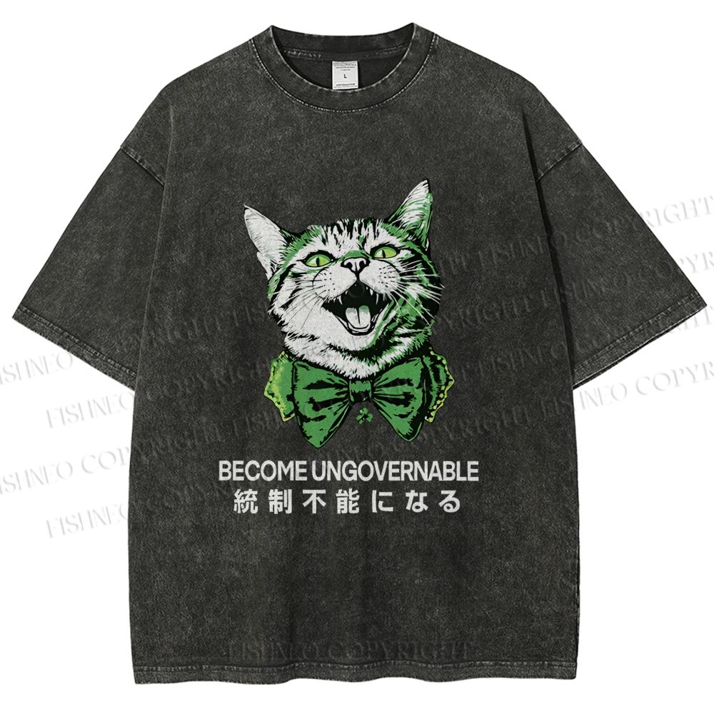Unisex Become Ungovernable Four-Leaf Clover Cat Printed Washed Tee